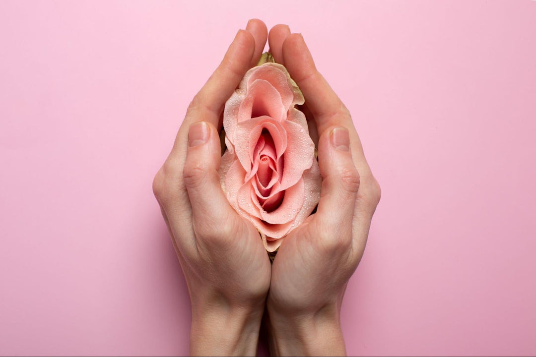 Woman holding a rose representing feminine self-care and vaginal health